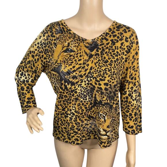 Vtg 80s Anna Gray Leopard Print Big Cat V-neck Lightweight Sweater Women’s XL - Picture 1 of 7